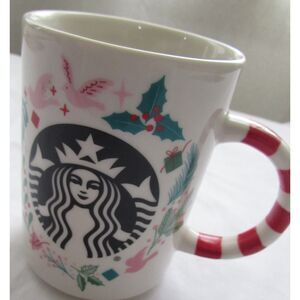 Starbucks Christmas coffee mug candy cane colored handle doves birds holly tea